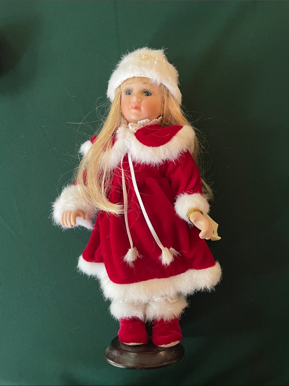 Holiday Red Velvet Porcelain Doll with White Faux Fur Trim